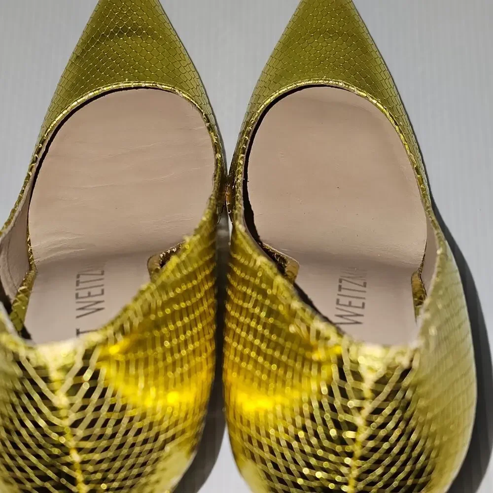 Stuart Weitzman Metallic Yellow Snakeskin Pointed-Toe Pumps - Picture 11 of 16